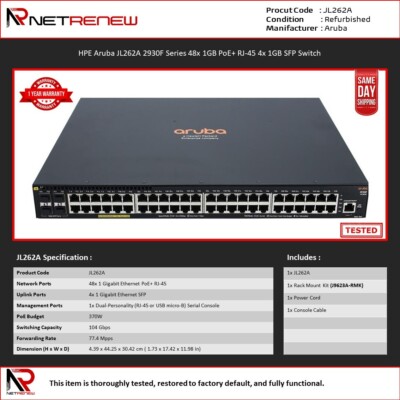 [COM-39171] SWITCH HP ARUBA JL262A 2930F 48G POE+ 4SFP 48X10/100/1000 (POE+ 370W) + 4XGIGABIT SFP (UPLINK) RACK1U GAR A VITA